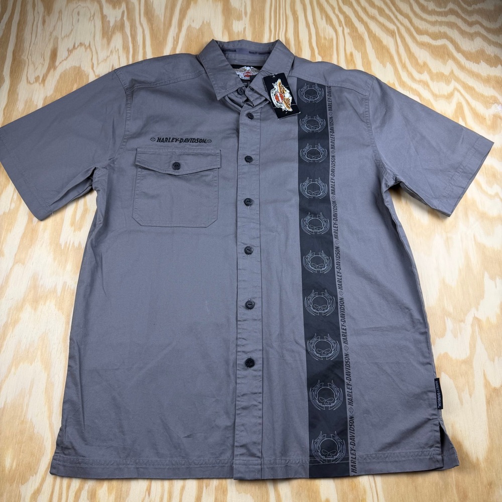 Harley-Davidson Mens Gray Skull Graphic Short Sleeve Button Up Shirt Medium NEW